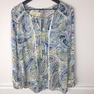 Lucky Brand Long Sleeve Paisley Tie Neck Blouse L